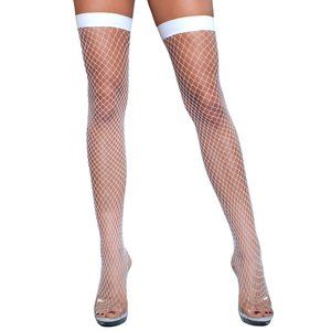 Fence Net Thigh High Stockings - White